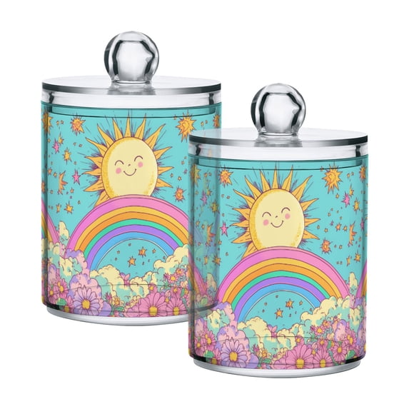 Yayeee 2 Pack Qtip Holder Bathroom Cotton Swab Canister with Lid Clear Dispenser Set, Retro Blue Rainbow