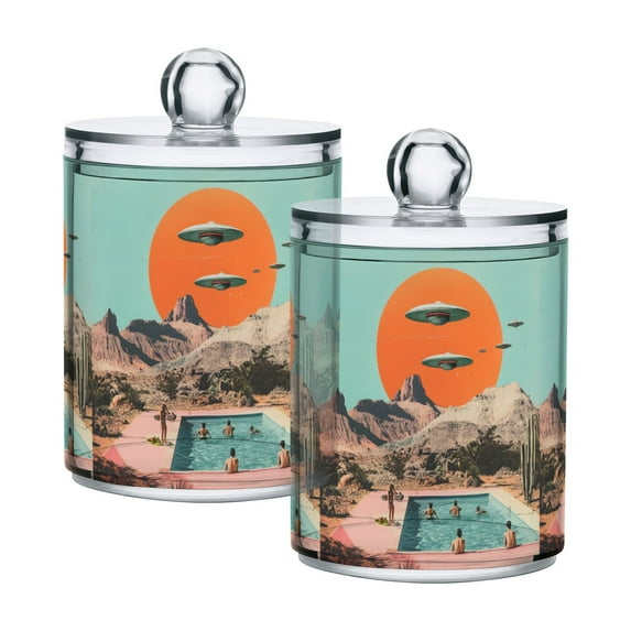 Yayeee 2 Pack Qtip Holder Bathroom Cotton Swab Canister with Lid Clear Dispenser Set, Retro UFO