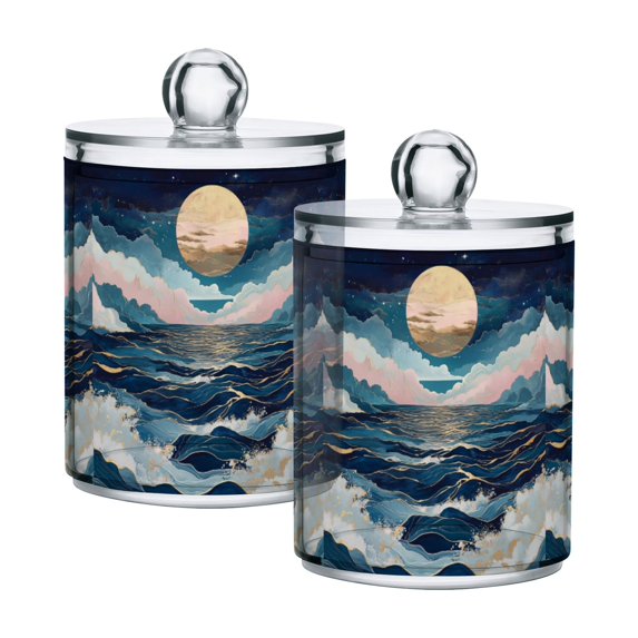Yayeee 2 Pack Qtip Holder Dispenser for Bathroom with Lid Cotton Swab Canister, Rolling Waves