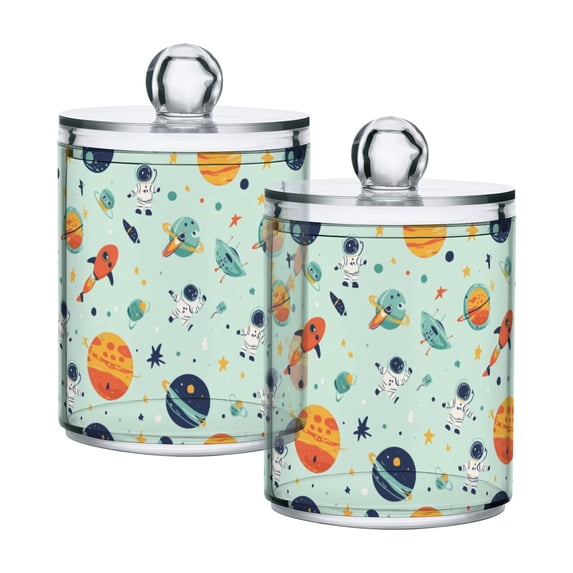 Yayeee 2 Pack Qtip Holder Bathroom Cotton Swab Canister with Lid Clear Dispenser Set, Space Patterns