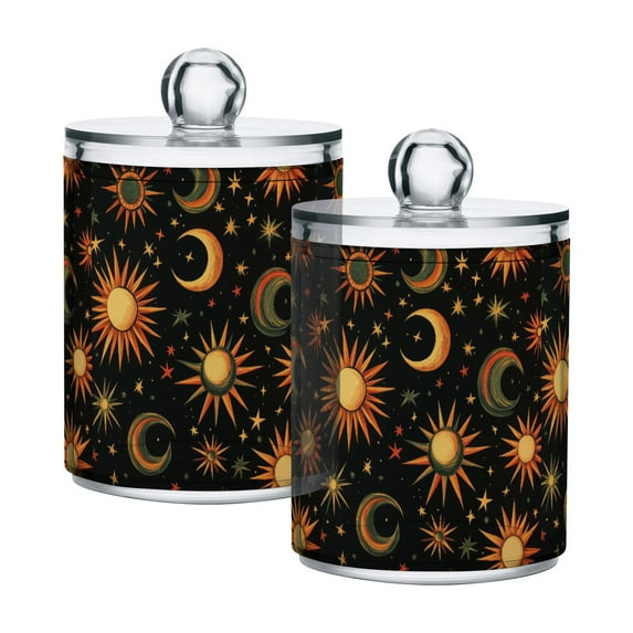 Yayeee 2 Pack Qtip Holder Bathroom Cotton Swab Canister with Lid Clear Dispenser Set, Sun Moon and Stars Pattern