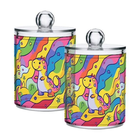 Yayeee 2 Pack Qtip Holder Bathroom Cotton Swab Canister with Lid Clear Dispenser Set, Vibrant Dinosaur