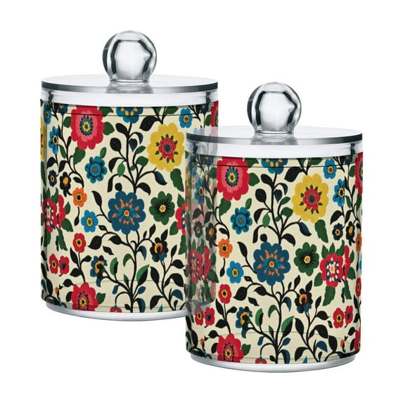Yayeee 2 Pack Qtip Holder Bathroom Cotton Swab Canister with Lid Clear Dispenser Set, Vibrant Floral