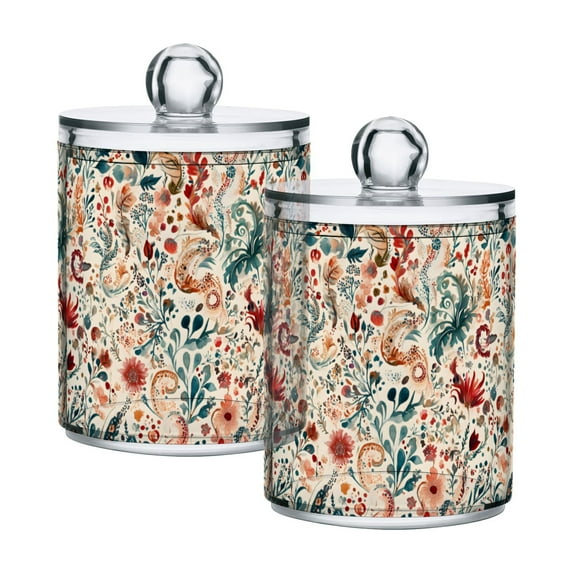 Yayeee 2 Pack Qtip Holder Bathroom Cotton Swab Canister with Lid Clear Dispenser Set, Watercolor Leaves