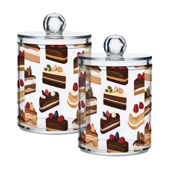 Yayeee 2 Pack Qtip Holder Bathroom Cotton Swab Canister with Lid Clear Dispenser Set, White Cakes Pattern