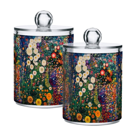 Yayeee 2 Pack Qtip Holder Bathroom Cotton Swab Canister with Lid Clear Dispenser Set, White Floral Garden