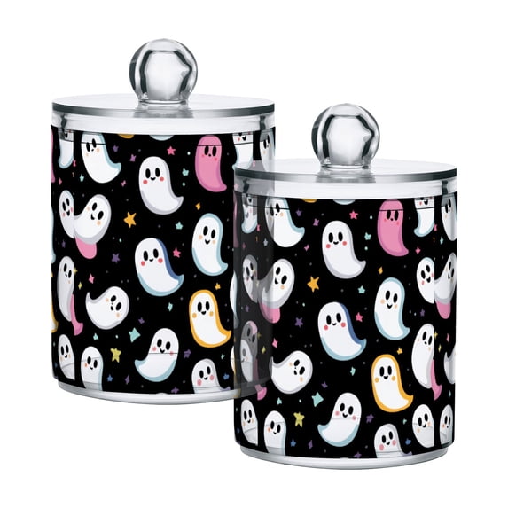 Yayeee 2 Pack Qtip Holder Bathroom Cotton Swab Canister with Lid Clear Dispenser Set, White Halloween Ghost