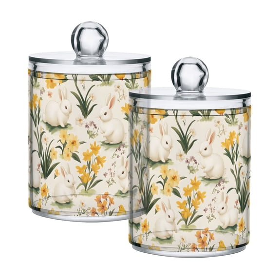 Yayeee 2 Pack Qtip Holder Bathroom Cotton Swab Canister with Lid Clear Dispenser Set, White Rabbits