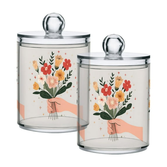 Yayeee 2 Pack Qtip Holder Bathroom Cotton Swab Canister with Lid Clear Dispenser Set, Yellow Cute Flower