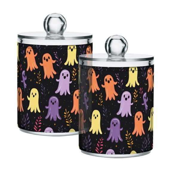 Yayeee 2 Pack Qtip Holder Bathroom Cotton Swab Canister with Lid Clear Dispenser Set, Yellow Halloween Ghosts