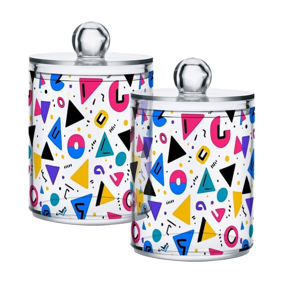 Yayeee 2 Pack Qtip Holder Bathroom Cotton Swab Canister with Lid Clear Dispenser Set, Yellow Retro Shapes