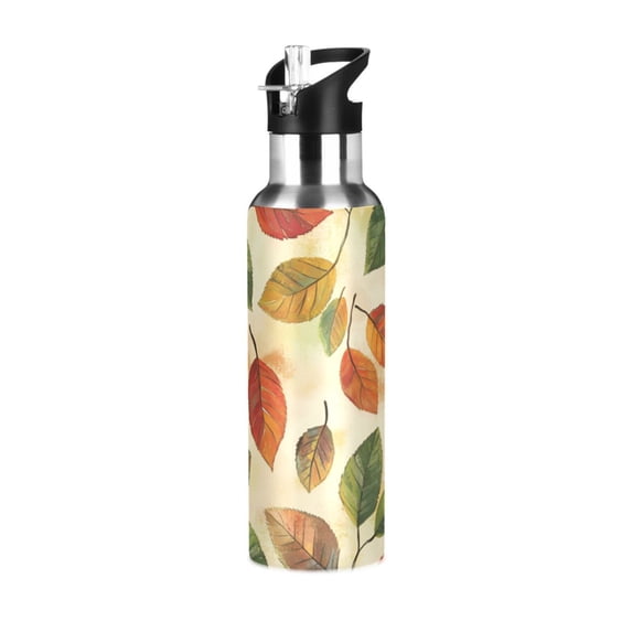 Yayeee 20oz Insulated Water Bottle Double Wall Stainless Steel with Flip Straw Lid, Beige Leaves