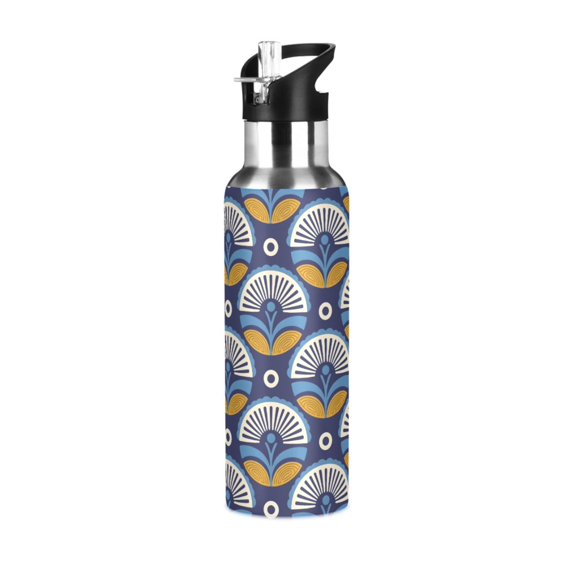 Yayeee 20oz Insulated Water Bottle Double Wall Stainless Steel with Flip Straw Lid, Blue Geometric Flowers Pattern