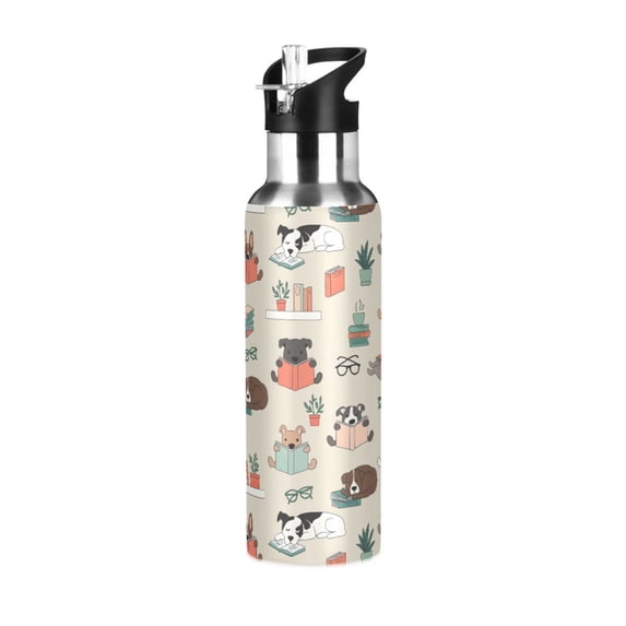 Yayeee 20oz Insulated Water Bottle Double Wall Stainless Steel with Flip Straw Lid, Cartoon Dog Reading Pattern