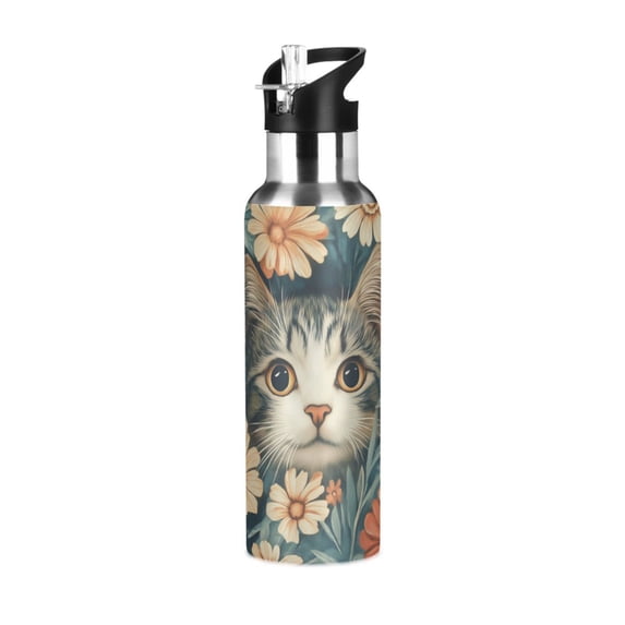 Yayeee 20oz Insulated Water Bottle Double Wall Stainless Steel with Flip Straw Lid, Flowers Cat