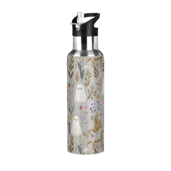 Yayeee 20oz Insulated Water Bottle Double Wall Stainless Steel with Flip Straw Lid, Gray Floral Ghost