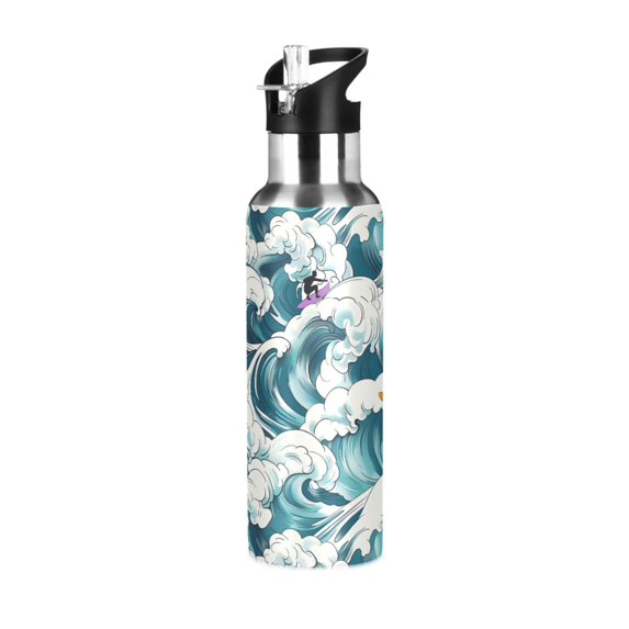 Yayeee 20oz Insulated Water Bottle Double Wall Stainless Steel with Flip Straw Lid, Green Ocean Waves Pattern