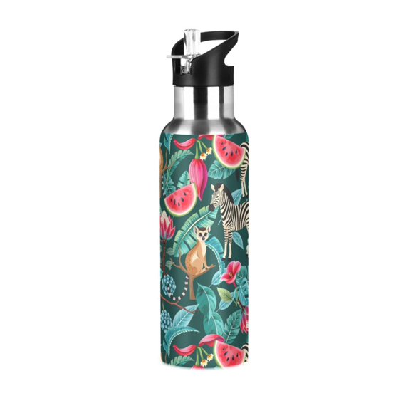 Yayeee 20oz Insulated Water Bottle Double Wall Stainless Steel with Flip Straw Lid, Green Tropical Pattern
