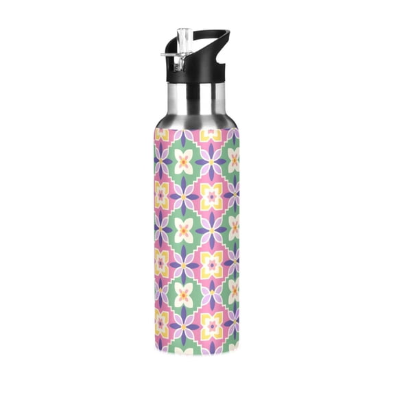 Yayeee 20oz Insulated Water Bottle Double Wall Stainless Steel with Flip Straw Lid, Pink Mosaic Pattern