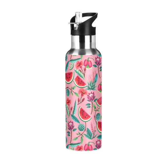 Yayeee 20oz Insulated Water Bottle Double Wall Stainless Steel with Flip Straw Lid, Pink Tropical Pattern