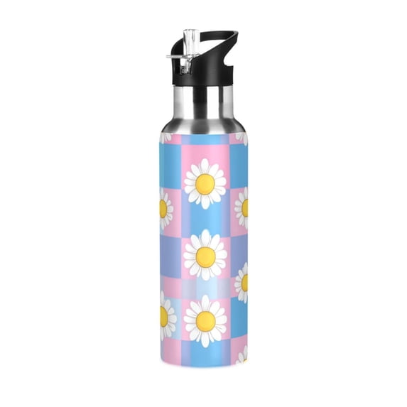 Yayeee 20oz Insulated Water Bottle Double Wall Stainless Steel with Flip Straw Lid, Playful Daisy