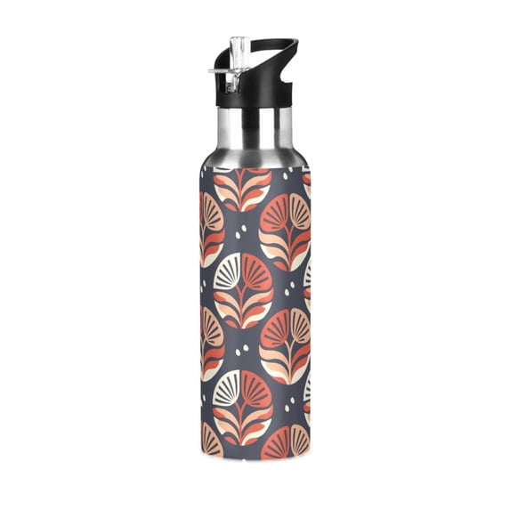 Yayeee 20oz Insulated Water Bottle Double Wall Stainless Steel with Flip Straw Lid, Red Geometric Flowers Pattern