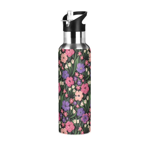 Yayeee 20oz Insulated Water Bottle Double Wall Stainless Steel with Flip Straw Lid, Vibrant Flowers Pattern