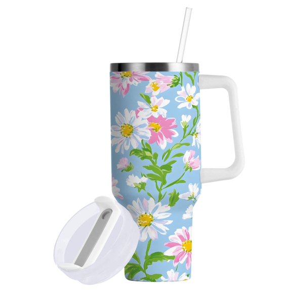 Yayeee 30oz Stainless Steel Tumbler with Straw and Handle Double-Wall Insulated Travel Water Bottle, Blue Floral