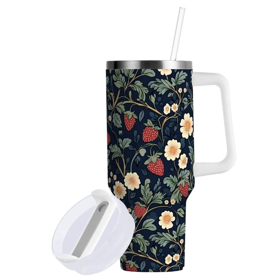 Yayeee 30oz Stainless Steel Tumbler with Straw and Handle Double-Wall Insulated Travel Water Bottle, Floral Raspberry Pattern