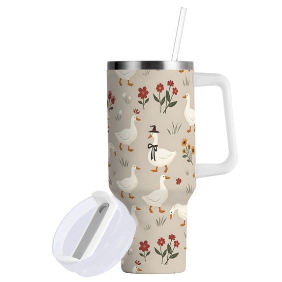 Yayeee 30oz Stainless Steel Tumbler with Straw and Handle Double-Wall Insulated Travel Water Bottle, Gray Cartoon Goose Pattern