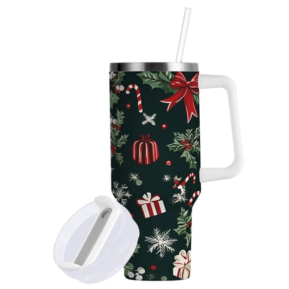 Yayeee 30oz Stainless Steel Tumbler with Straw and Handle Double-Wall Insulated Travel Water Bottle, Green Christmas