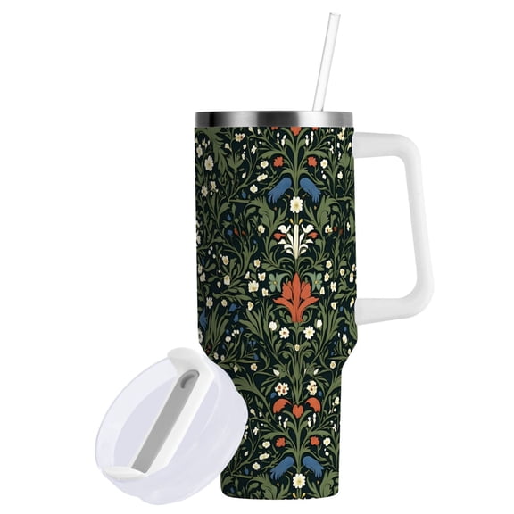 Yayeee 30oz Stainless Steel Tumbler with Straw and Handle Double-Wall Insulated Travel Water Bottle, Green Flowers Pattern