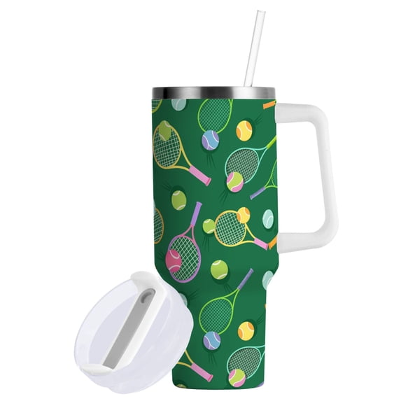 Yayeee 30oz Stainless Steel Tumbler with Straw and Handle Double-Wall Insulated Travel Water Bottle, Green Tennis Pattern
