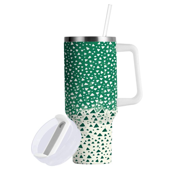 Yayeee 30oz Stainless Steel Tumbler with Straw and Handle Double-Wall Insulated Travel Water Bottle, Green and White Pattern