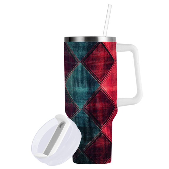 Yayeee 30oz Stainless Steel Tumbler with Straw and Handle Double-Wall Insulated Travel Water Bottle, Vibrant Green Tartan Pattern