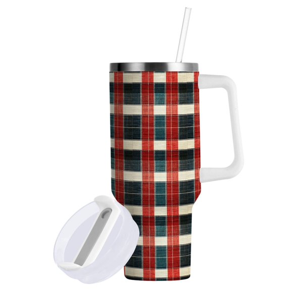 Yayeee 30oz Stainless Steel Tumbler with Straw and Handle Double-Wall Insulated Travel Water Bottle, Vibrant Red Tartan Pattern