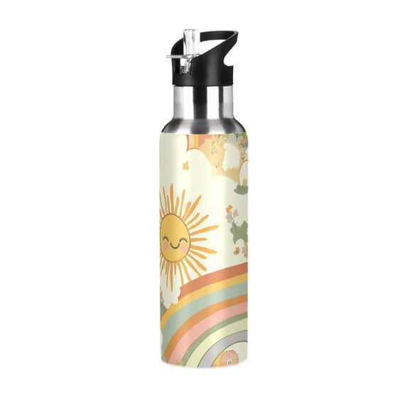 Yayeee 33oz Insulated Water Bottle Double Wall Stainless Steel with Flip Straw Lid, Beige Clouds