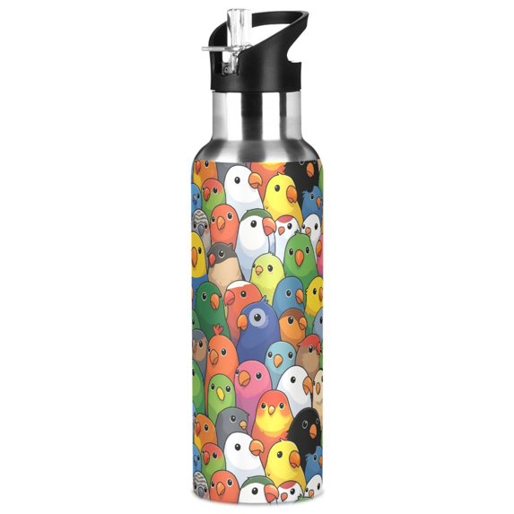 Yayeee 33oz Insulated Water Bottle Double Wall Stainless Steel with Flip Straw Lid, Colorful Birds Pattern