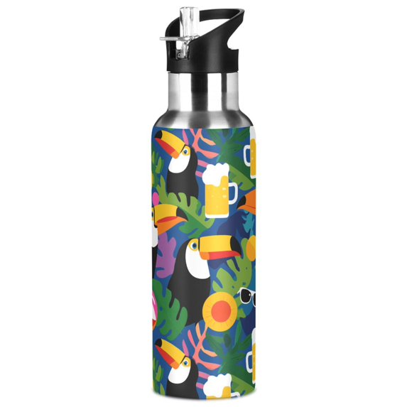 Yayeee 33oz Insulated Water Bottle Double Wall Stainless Steel with Flip Straw Lid, Colorful Toucans Pattern