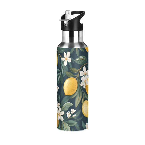 Yayeee 33oz Insulated Water Bottle Double Wall Stainless Steel with Flip Straw Lid, Floral Lemons