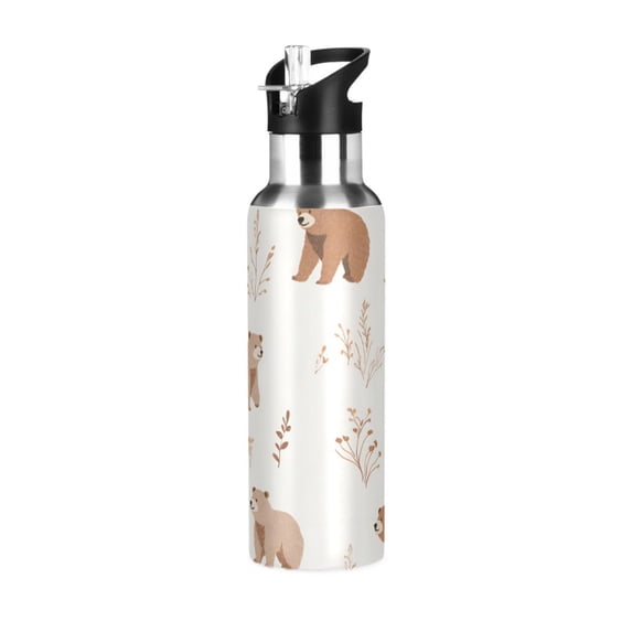Yayeee 33oz Insulated Water Bottle Double Wall Stainless Steel with Flip Straw Lid, Gray Bears