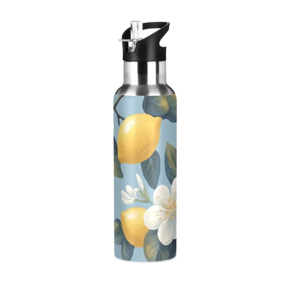 Yayeee 33oz Insulated Water Bottle Double Wall Stainless Steel with Flip Straw Lid, Lemon Pattern