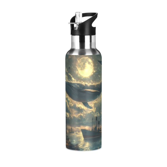 Yayeee 33oz Insulated Water Bottle Double Wall Stainless Steel with Flip Straw Lid, Whale and Moon