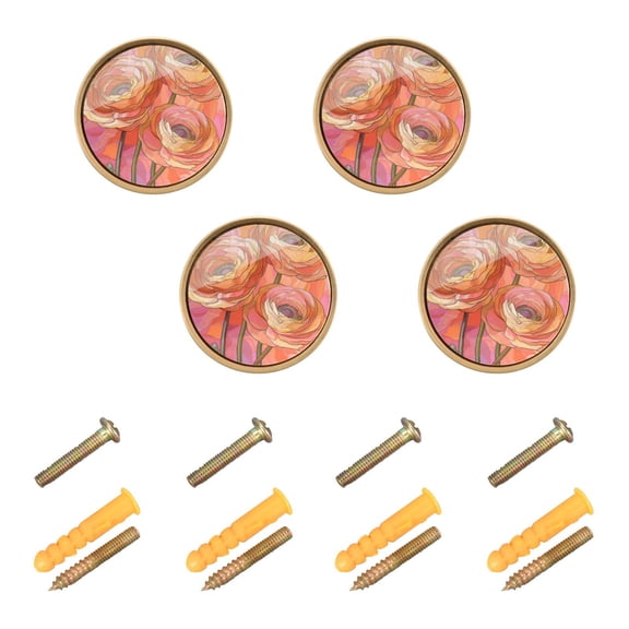 Yayeee 4 Pack Cabinet Knobs with Screws Round Zinc Drawer Pulls for Kitchen, Abstract Pink Flowers