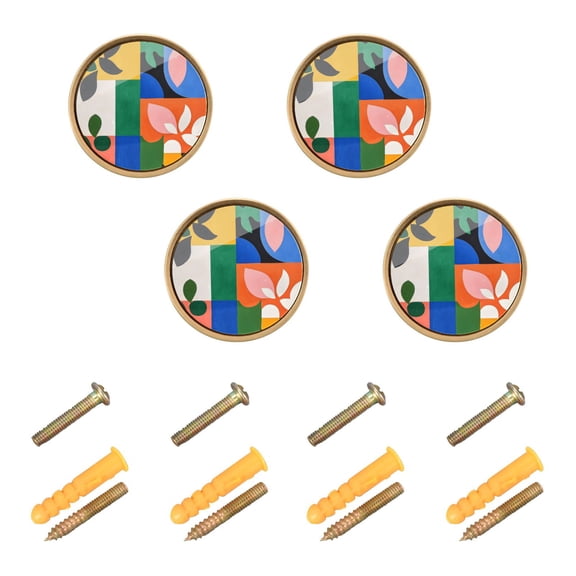 Yayeee 4 Pack Cabinet Knobs with Screws Round Zinc Drawer Pulls for Kitchen, Abstract Plants