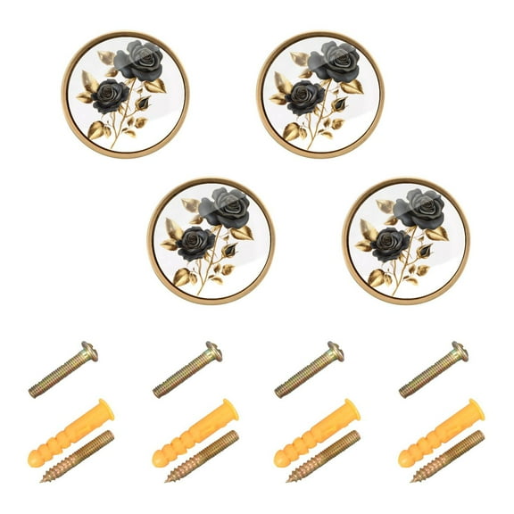 Yayeee 4 Pack Cabinet Knobs with Screws Round Zinc Drawer Pulls for Kitchen, Black Roses Gold Leaves
