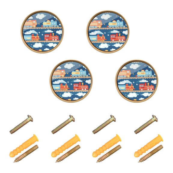 Yayeee 4 Pack Cabinet Knobs with Screws Round Zinc Drawer Pulls for Kitchen, Blue Cute Train Pattern