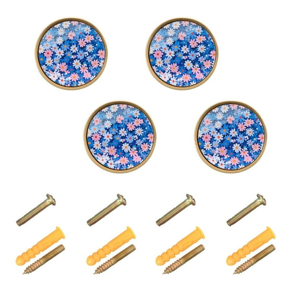 Yayeee 4 Pack Cabinet Knobs with Screws Round Zinc Drawer Pulls for Kitchen, Blue Daisy