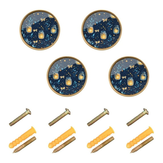 Yayeee 4 Pack Cabinet Knobs with Screws Round Zinc Drawer Pulls for Kitchen, Blue Fireflies Pattern