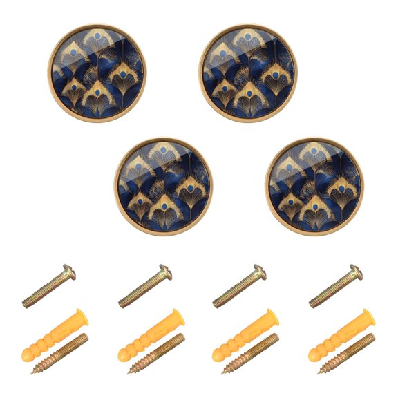 Yayeee 4 Pack Cabinet Knobs with Screws Round Zinc Drawer Pulls for Kitchen, Blue Peacock Feathers Pattern